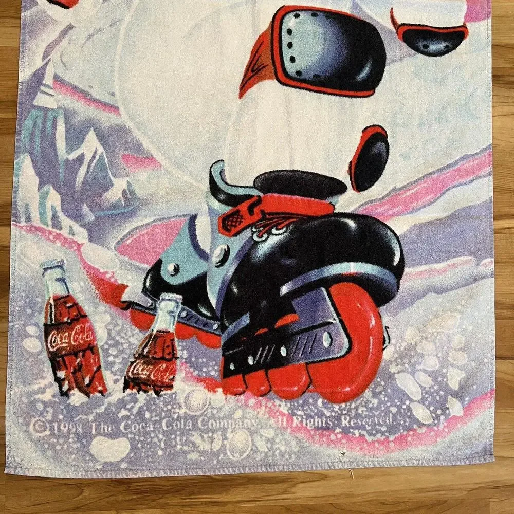 Vintage Coca Cola Bath Beach Towel Polar Bear Roller Skating 1998 90s 54”x26.5”
